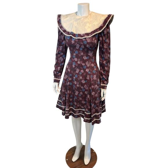 Vintage Gunne Sax Jessica McClintock Purple Floral Statement Collar Dress Small - Picture 2 of 12